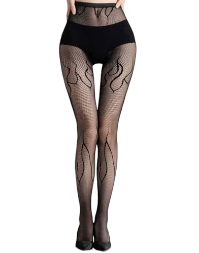 Image of Mrotrida Women's Fire Patterned Fishnet Tights Sexy Elastic Blaze Pantyhose Leggings Fire Mesh Stockings