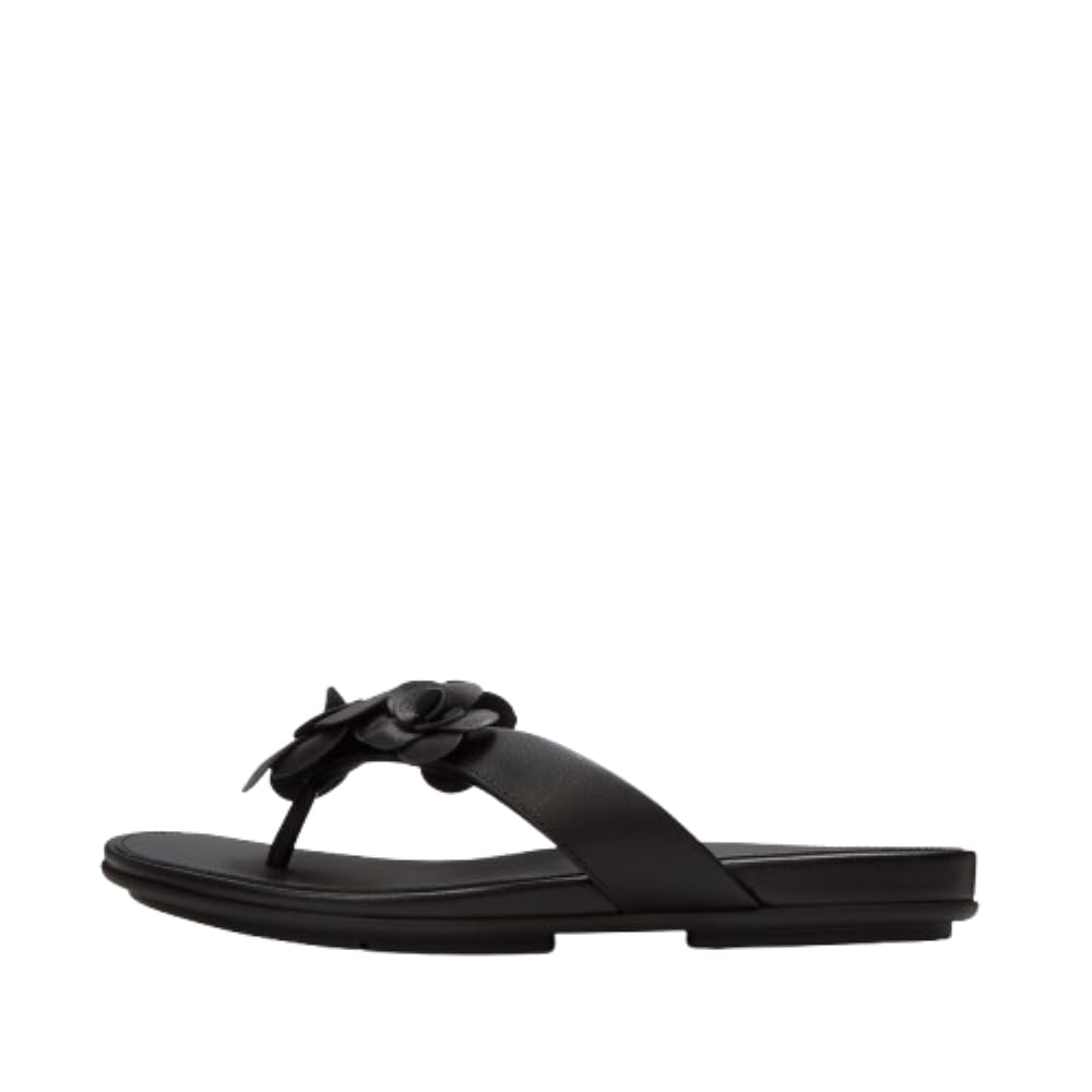 FitFlop Gracie Flower Leather Flip-Flops Sandals, Color: Black, Size: 7 (A4A-001-050)