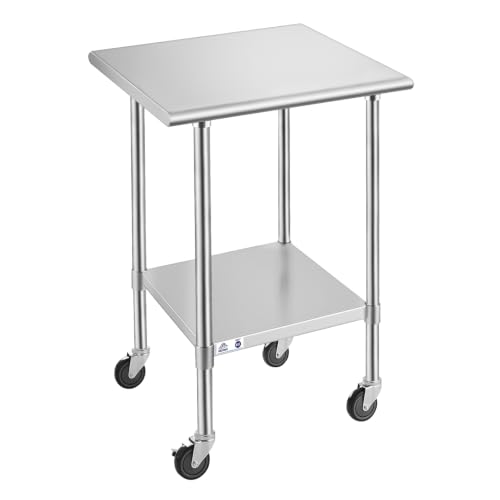 Image of ROCKPOINT Stainless Steel Table for Prep & Work with Caster Wheels 30x30 Inches, NSF Commercial Heavy Duty Table with Undershelf and Legs for Restaurant, Home and Hotel
