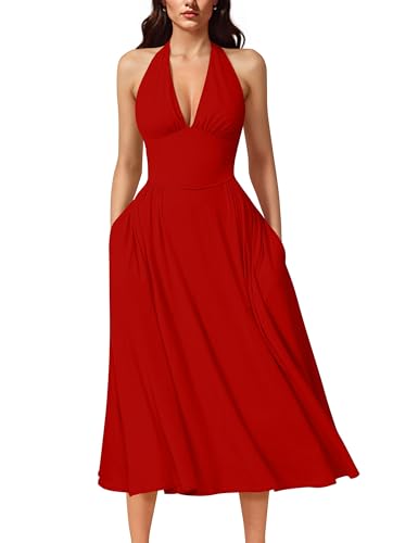 Women's Sexy Halter V Neck Backless Sleeveless A-Line Flowy Midi Dress with Pockets Red