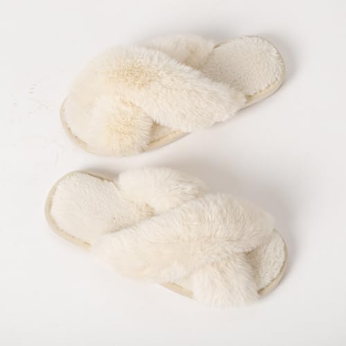 Image of Enteer Women's Slipper Memory Foam Cross Band Fuzzy Slippers Open Toe Cozy House Slippers Cozy Plush Bedroom Indoor Outdoor