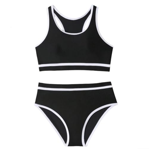 Generisch Traje de baño de 2 piezas de una pieza para niñas, cintura alta, conjunto de bikini con revestimiento de traje de baño tallas grandes, Negro , 12-13 años