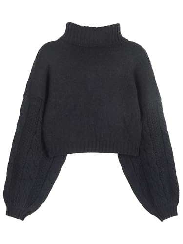 Image of ZAFUL Women's Cropped Turtleneck Sweater Lantern Sleeve Ribbed Knit Pullover Sweater Jumper