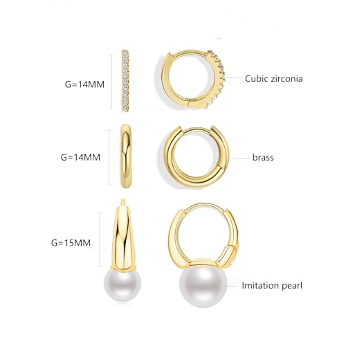 JUANKIKI 3 Pairs 14K Gold Hoop Earrings Pearl Chunky Huggie Earring for Women Stackable Jewelry Set Hypoallergenic and colorfast Suitable for all women to Wear - image 5