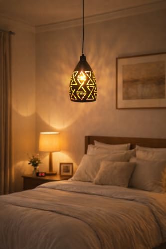 Image of Modern Black Geometric Laser Cut Design Hanging Pendant Light with Height Adjustable Decorative Ceiling Lamp for Living Room, Bedroom, Dining Area, Cafe & Home Decor (Pack of 1)