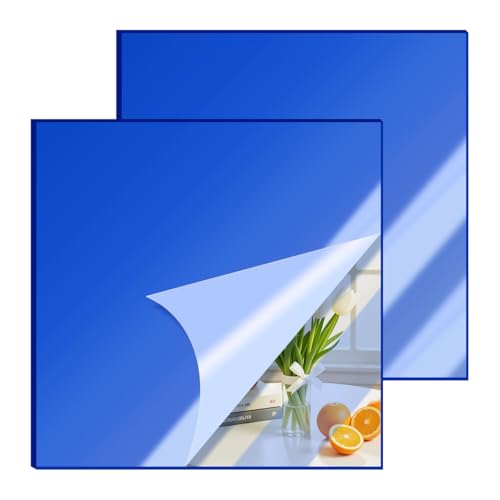 Image of 2 Pcs 8 x8 Inch Blue Acrylic Mirror Sheet, 1 /8 Inch Thick Opaque Glossy Mirror, Plexiglass Mirror Sheets with Protective Film, Rigid Mirror Acrylic Sheets for Sawing, DIY, Laser Cutting and Engraving