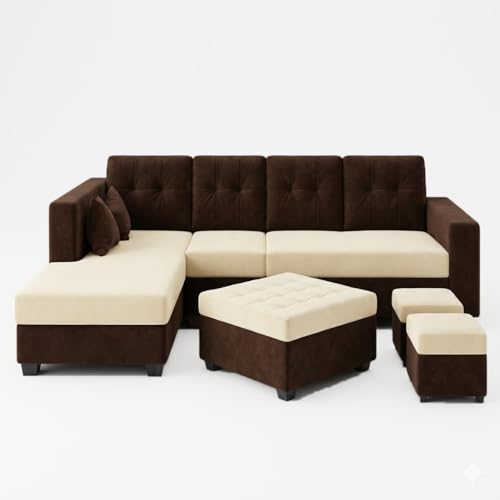 Image of FURNY Nathan 8 Seater L Shape Sofa Set LHS (Dark Brown-Cream) | Suede Velvet Finish | Durable Comfort Sofa for Modern Living Room & Office Spaces
