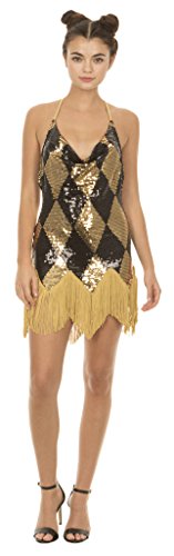 Underboss Suicide Squad Harley Quinn Sequin Chemise Costume Dress with Fringe (Adult Medium) Black/Gold