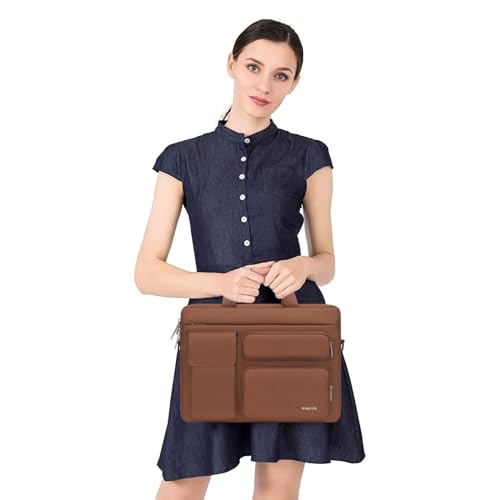 Image of MOSISO Laptop Shoulder Bag Compatible with MacBook Air 15 inch M3 M2 2024 2023 /Pro 16 inch M4 M3 M2 M1,15-15.6 inch Laptop Bag with 2 Raised&1 Flapover&1 Horizontal Pocket&Handle&Belt, Caramel Brown