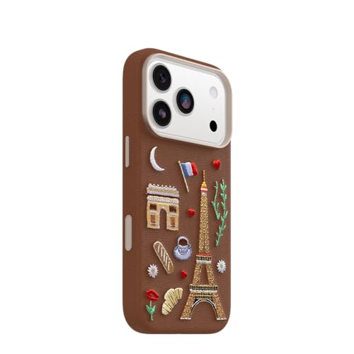 Image of OtterBox iPhone 17 Pro Symmetry Series Cactus Leather Embroidery Case - City of Love - Brown - Textured, Embroidered Paris Artistic iPhone Case