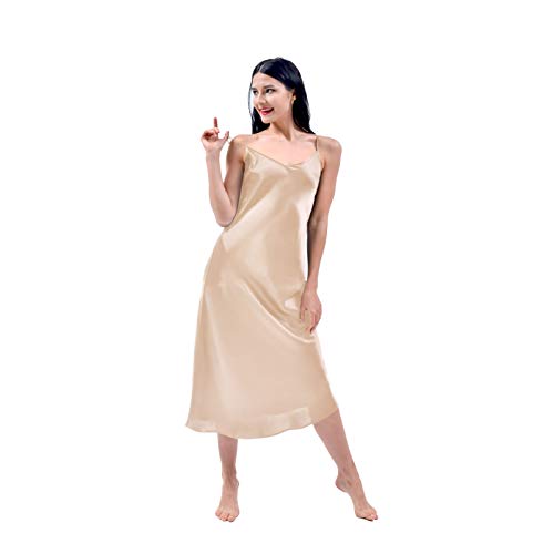 THXSILK Silk Long Nightgowns for Women, Pure Mulberry Silk Charmeuse Nightdress, Lingerie Adjustable Strap(Champagne, XS)