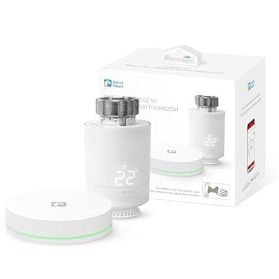 Garza - Starter Kit Zigbee 3.0 Cabezal Termostático Inteligente para Válvula Termostática de Radiador + Bridge. Control de Calefacción Pantalla LED Control por app Alexa y Google Blanco