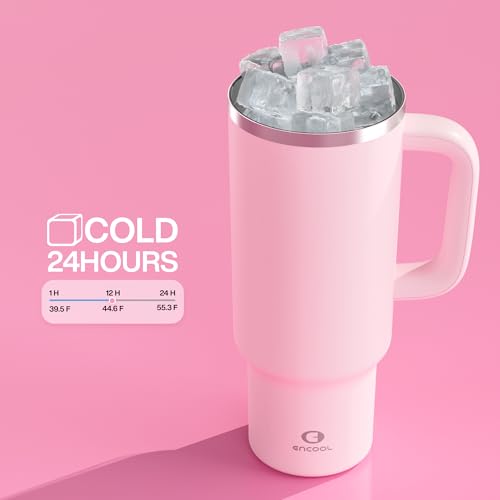 Image of 40 oz Tumbler with Handle and Straw: Stainless Steel Insulated Tumbler Keeps Cold for 24 Hours, Leakproof Travel Cup Fits in Cup Holder and BPA-Free, Cotton Candy