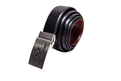 Masonic Men’s Belt - Leather Reversible Belt with Black & Tan Color Options - 2 Buckles for Every Occasion (Freemasonry Symbol & Mason Lettering) - Waist Size 42” & Under - Casual/Formal Men’s Belt3