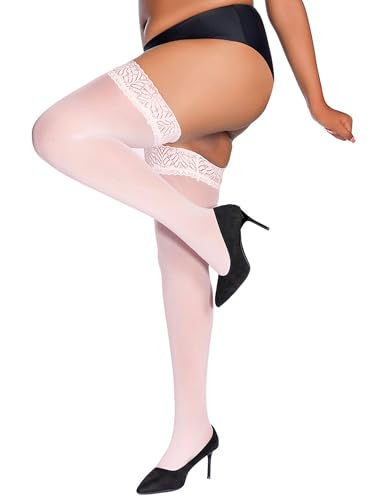 Image of HONENNA Plus Size Thigh High Stockings, Semi Sheer Stay Up Lingerie Lace Top Pantyhose for Curvy Women