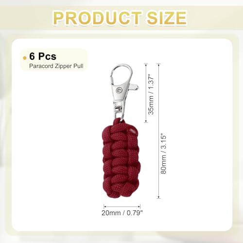 Image of YELARXI Paracord Zipper Pull Polyester Zipper Pulls Replacement Woven Rope with Metal Clasp, 80 mm Length Fit for Backpacks Clothing Luggage Accessories - Cylinder (6 Pack, Wine Red)