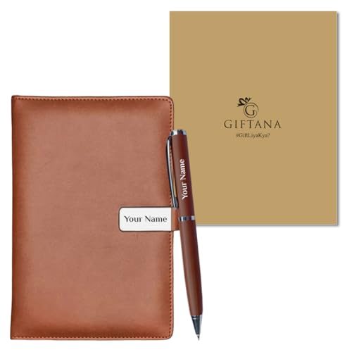 Image of Giftana Personalized Notebook Diary with Pen Gift Set for Men and Women, 2 in 1 Customized Office Diaries A5 Size Notebook, Diwali Gifts, Personalised New Year Corporate Gifts for Employees (Tan)