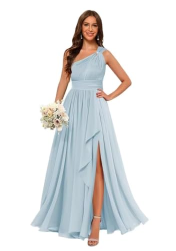One Shoulder Bridesmaid Dresses for Wedding Long Party Prom Dress with Slit Ruffles Chiffon Formal Gowns