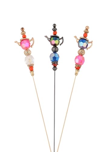 Image of Alilang Magic Lamp Pearl Lady Camo Rose Heart Rhinestones 3Pcs Vintage Long Handle Hat and Lapel Pins with Flexible Bendable Design