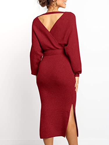 Image of Chang Yun Women's Long Maxi Sweater Dresses Sexy Wrap Batwing V Neck Slit Open Back Holiday Bodycon Dress with Belt