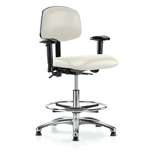 Image of Perch Chrome Stationary Multi-Task Office Chair with Adjustable Armrests and Foot Ring | Medium Bench Height 20-27 inch | Off-White Vinyl