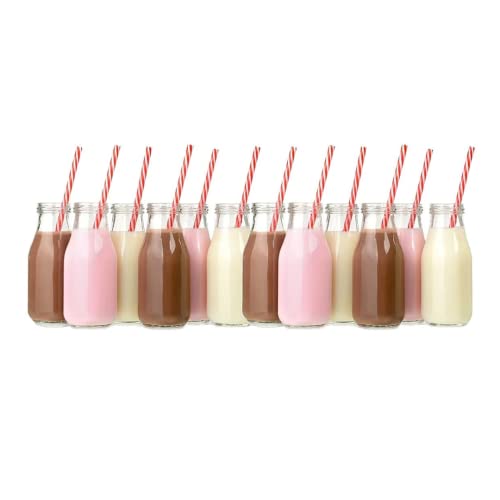 BBA SUNRISE | Glass Milk Bottles With Lids 10oz, Juice Bottles with Lids, Vintage Breakfast Shake, Container, Vintage Drinking Bottles for Party, Reusable Dairy Bottles (12 pack)