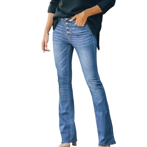 Flare Jeans for Women High Waisted Button Up Y2K Bell-Bottoms Pocket Stretch Denim Slimming Trendy Comfy Bootcut Pant Blue M