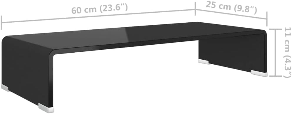 Diagram showing the dimensions of the vidaXL Tempered Glass TV/Monitor Riser: 23.6 inches (60 cm) length, 9.8 inches (25 cm) width, and 4.3 inches (11 cm) height.