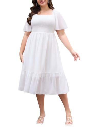 Image of Keluummi Plus Size Wedding Guest Maxi Dresses for Curvy Women, Summer Casual Boho Floral Smocked Empire Waist A Line Sundress(16 Plus, 07 - White)