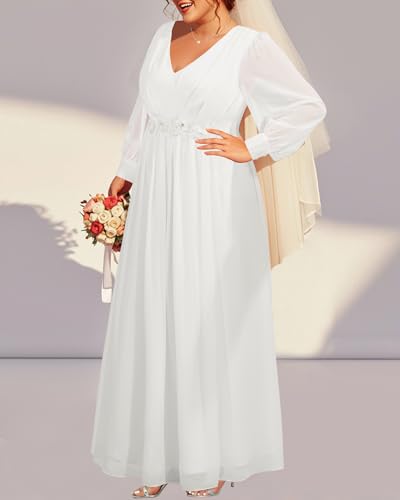 Image of Pinup Fashion Women Plus Size Formal Dresses - Long Sleeve Evening Gown Applique Chiffon Maxi Dress