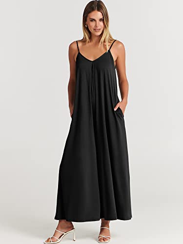 Anrabess Women's Summer Casual Spaghetti Strap V Neck Oversized Wide Leg Jumpsuit Pockets Beach Travel Outfits 789Heise-L Black #TOP27