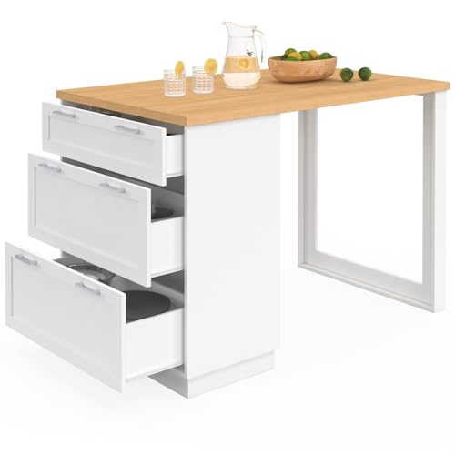 IDMarket - Ilot Central Mange-Debout 4 Personnes VITO 130 cm casserolier 3 tiroirs Blanc et Plateau Bois