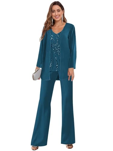 BANTRATIC Peacock Mother of The Bride Pant Suits Casual 3 Pcs Sequin Chiffon Petite Wedding Guest Special Occasion Pantsuit Size 12