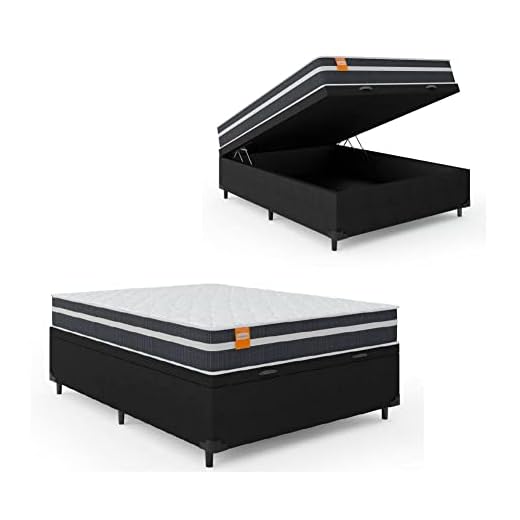 Cama Box Baú Casal Colchão Molas Qatar 138x188x63cm Branco/Preto - Suporta até 150kg Por Pessoa