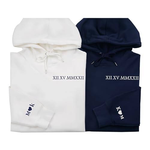 Eiennoai Benutzerdefinierte Gestickte Römische Zahl Hoodie Passende Paare Design Personalisiertes Haustier Gesicht Sweatshirt