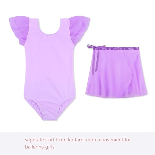 Image of EQSJIU Ballet Leotards for Girls with Removable Skirt Combo Tie Ruffle Sleeve Ballet Dance Dress Outfit 2-12 Years