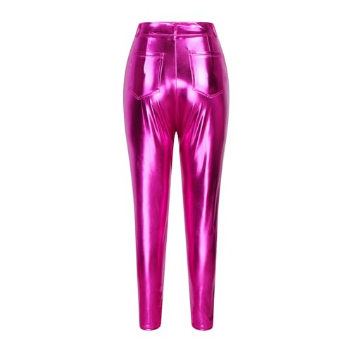 HGps8w Women's Metallic Shiny Leggings - High Waisted Faux Leather Pants Wet Look Skinny Glamour Tights4