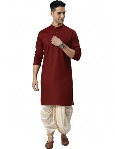 Image of Men Cotton Kurta & Silk Dhoti | Ethnic Wear for Weddings, Festivals & Celebrations (Pack of 1)