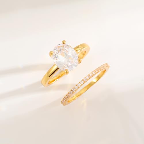 FUNEIA Cubic Zirconia Gold Rings for Women Non Tarnish Trendy Dainty 14K Gold Plated Stackable Princess Cut Fake Engagement Ring Set Diamond Wedding Promise Rings for Her Jewelry Size 6 7 8 9 10 113