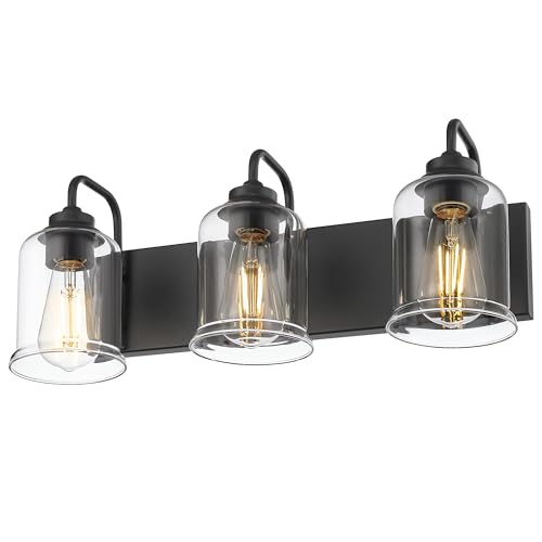 Image of zeyu Black Bathroom Vanity Light, 20.5 Inch Bathroom Light Fixtures Over Mirror, 3-Light Modern Wall Sconces with Clear Glass Shade, ZSL72B-3W BK