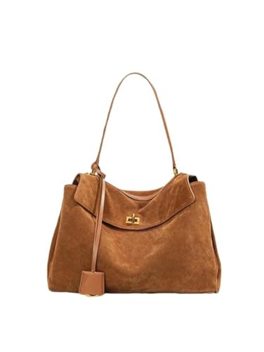 Vintage Suede Hobo Shoulder Bag, Brown Leather Trim, Gold-Tone Hardware, Large and Medium Size (Brown trumpet)