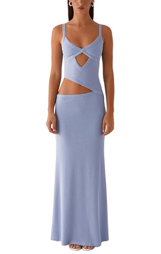 Image of NUFIWI Women Bodycon Spaghetti Strap Cutout Maxi Dress Hollow Sexy Fitted Dresses Sleeveless Stretch Slip Long Dress