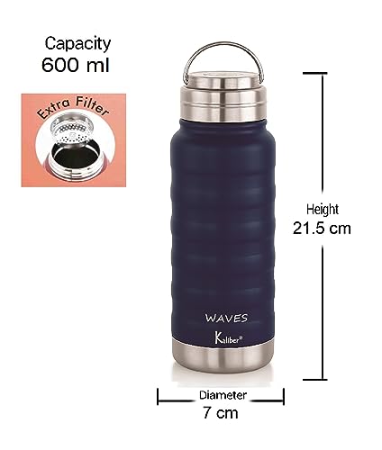 Kaliber - Waves 600 ThermoSteel Bottle | 3 Insulation, SUS 304 Inside | Extra Filter available | 600ml | 24 Hr Cold Hot | Rust & Leak Proof | Home, Office, Travel - Vacuum Insulated Flask Bottles (Waves 600, Blue)