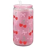 SANDJEST Cherry 16 Oz Can Glass Tumbler with Acrylic Lid and Straw - Iced Coffee Cups for Women, Aesthetic Glass Cup Gift for Birthday Christmas
