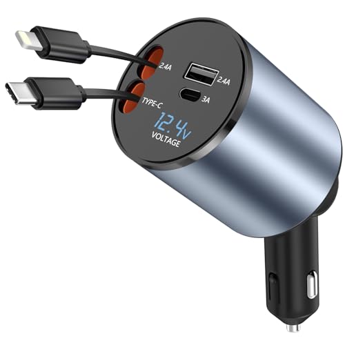 Paiholy Cargador de coche retráctil 4 en 1, cargador de coche USB C rápido de 120 W con doble cable retráctil doble puertos USB, pantalla de voltaje compatible con iPhone 15 Pro Max/14/13/12, Galaxy