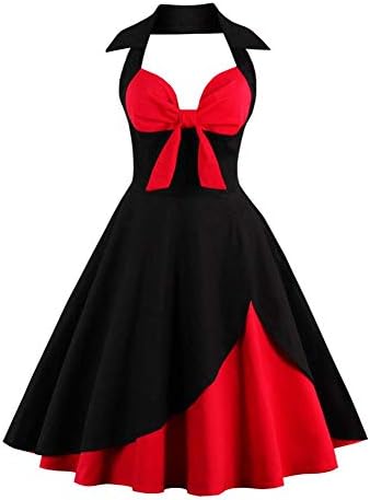 Women Vintage 1950s Rockabilly Swing Dress 50s Pinup Retro Hepburn Style A-Line Halterneck Floral Dresses Black S