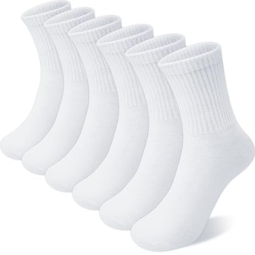 SEEKSOCK 6 Pairs Kids Crew Socks Boys Girls Unisex Athletic Classics Cotton School Uniform Striped Socks White 9-12 Years