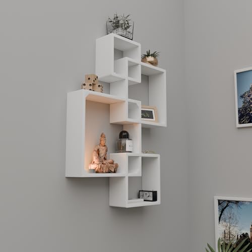 Image of Etiquette Art Engineered Wood Floating Cube Shelves - Intersecting Wall Mounted Box Shelves for Bedrooms, Living Rooms & More - Set of 4 (White)