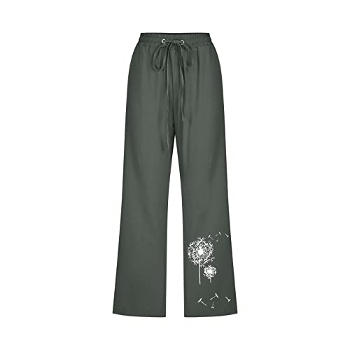 Lightning Deals Of Today Prime Clearance Womens Clothing Capri Pants For Women Casual Summer Linen Pants Dandelion Print High Waisted Loose Yoga Crop Pants With Pockets Army Green #TOP3