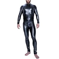Moinha Herren Wetlook Catsuit Sexy Lackleder Body Jumpsuit Eng Männerbody Erotische Ganzkörper Anzug Trikot Leotards mit Reißverschluss Lederoptik Unterhemd Party Nachtclub Kostüm Bodysuit